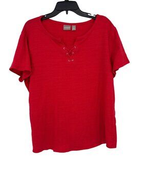 Chicos 2 Red Crinkle knit Cotton Blend Top shirt  Size large With Lace-Up Detail